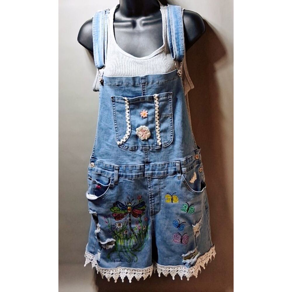 DGayle Painted Distressed Denim Short Overalls Dragonfly‎ Lace Trim L